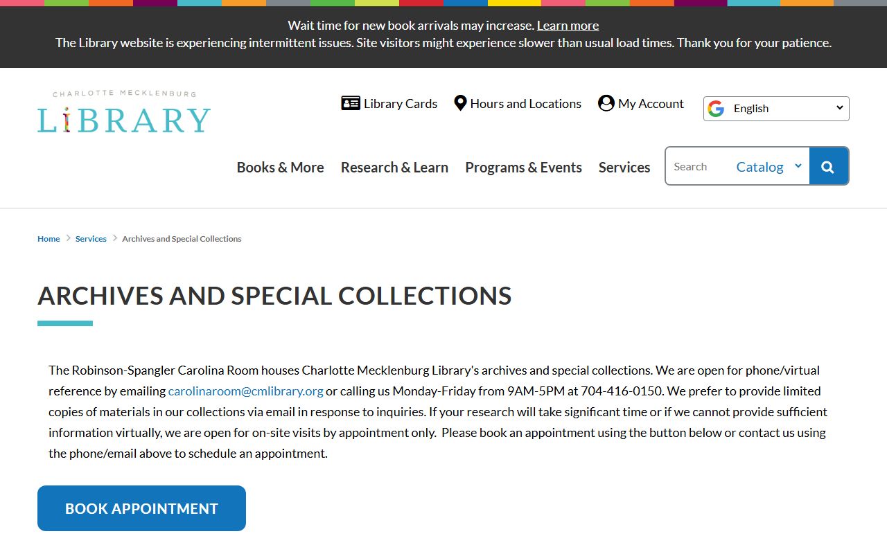 Robinson-Spangler Carolina Room at Charlotte Mecklenburg Library for genealogy research