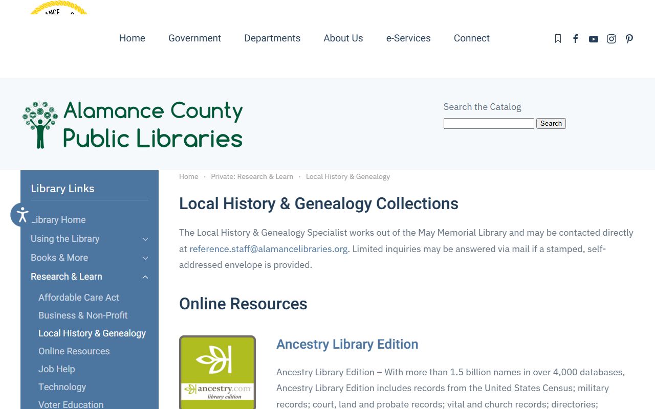 Alamance County Public Libraries genealogy research page