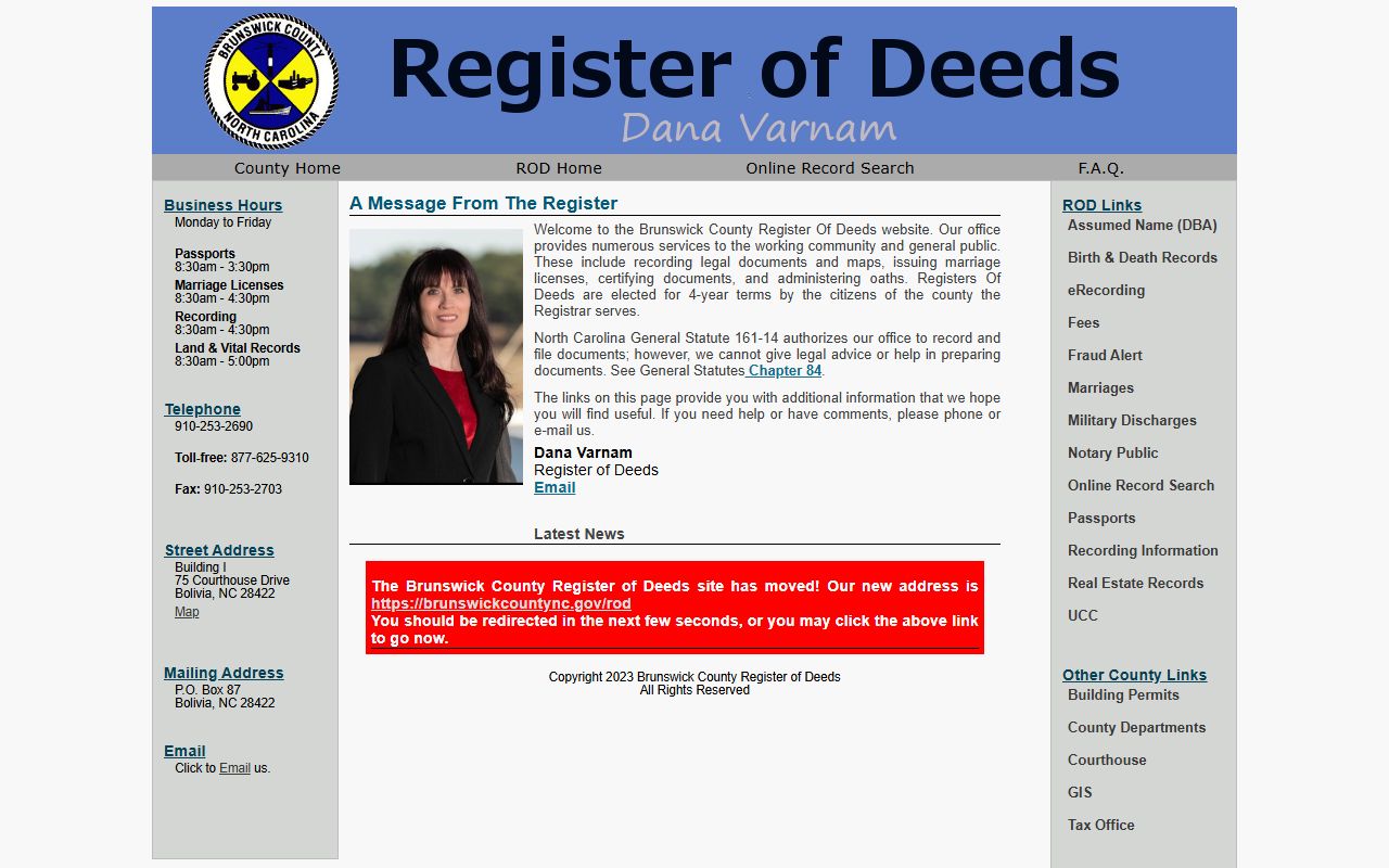 Brunswick County Register of Deeds website for Brunswick County genealogy records