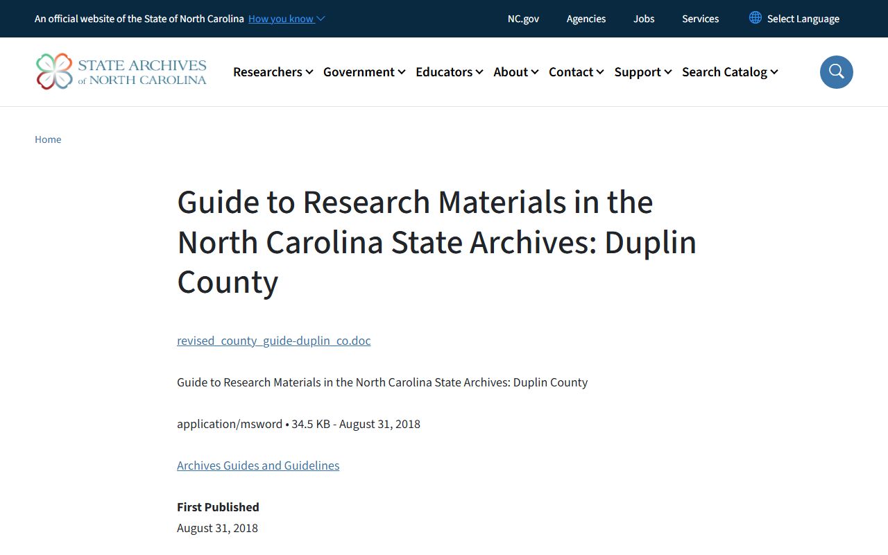 Duplin County genealogy records at the North Carolina State Archives
