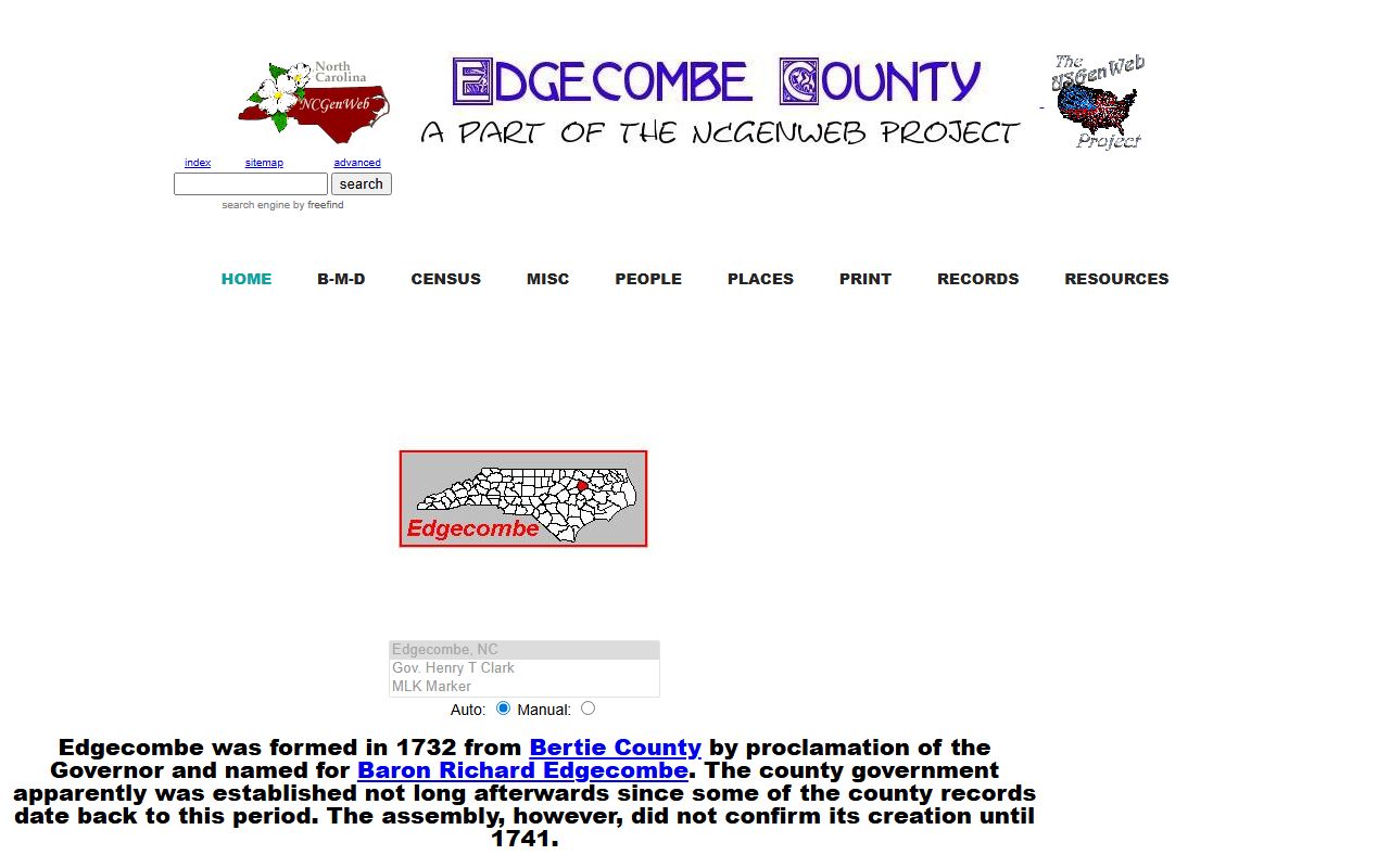 NCGenWeb Edgecombe County genealogy page with research resources