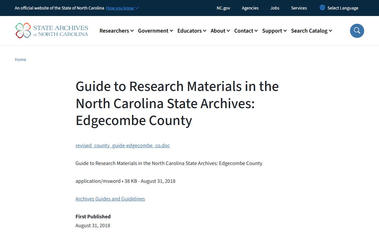 North Carolina State Archives holdings for Edgecombe County genealogy