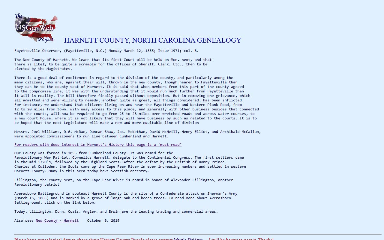 Harnett County NCGenWeb genealogy records page