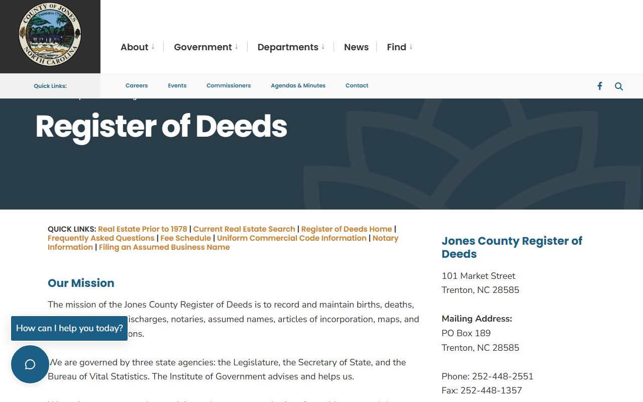 Jones County genealogy records at the Register of Deeds office in Trenton North Carolina
