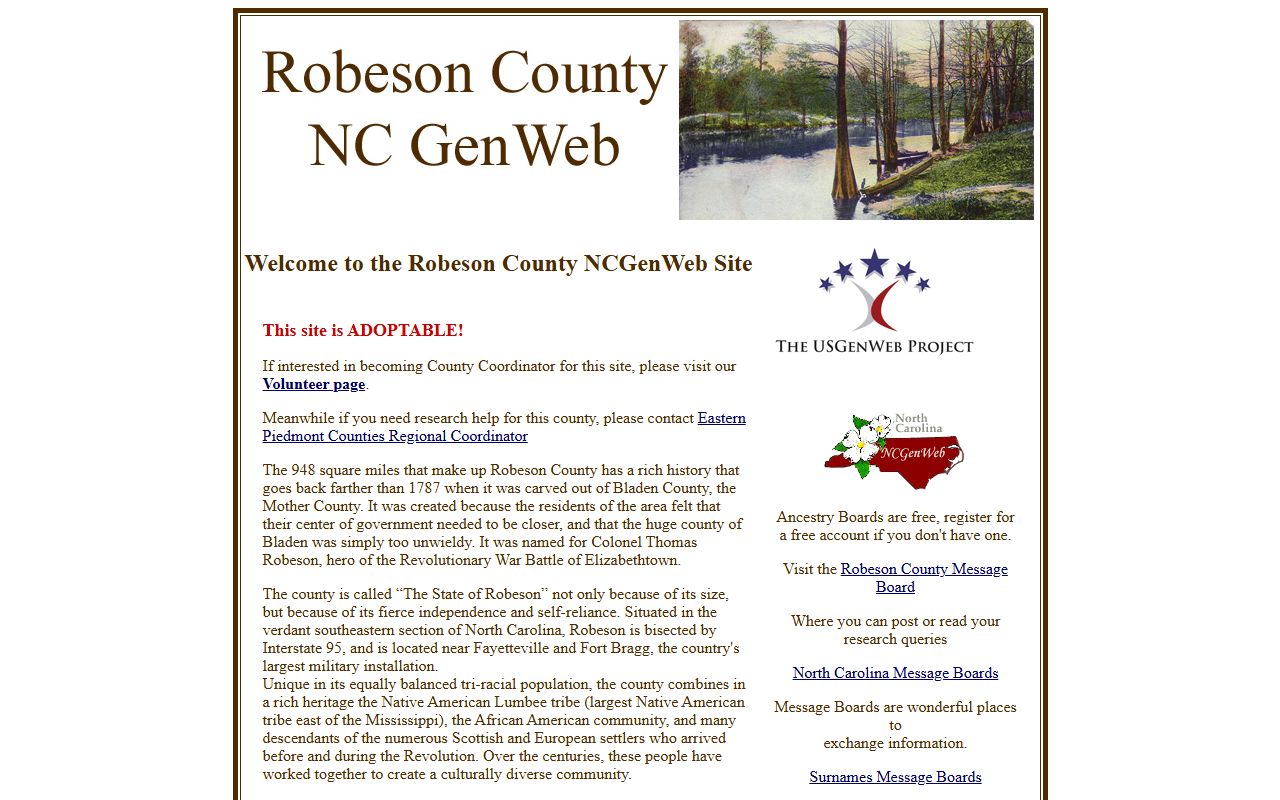 NCGenWeb Robeson County genealogy research page for North Carolina family history