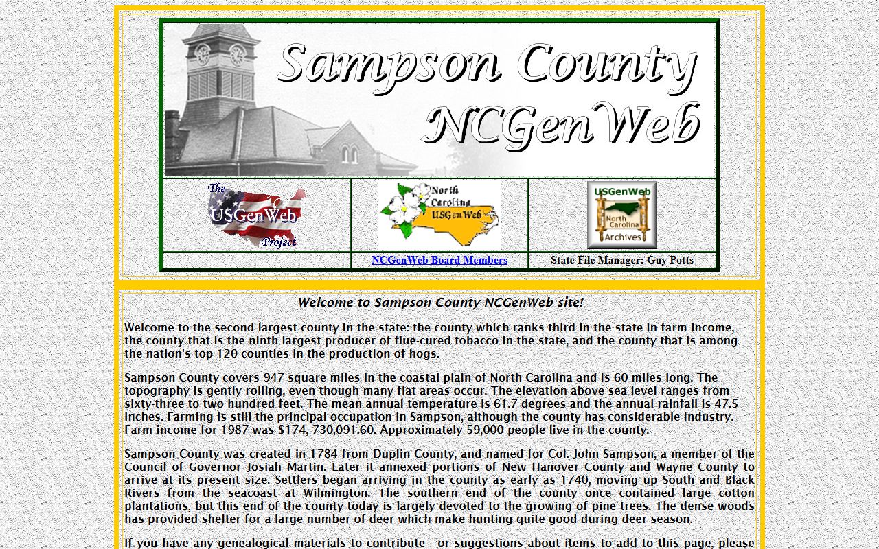 Sampson County NCGenWeb genealogy records page for family history research