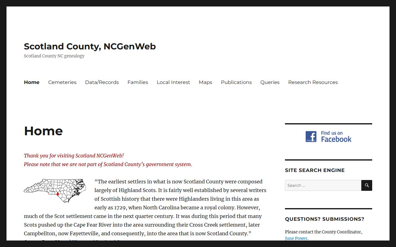 Scotland County NCGenWeb genealogy records page for ancestry research