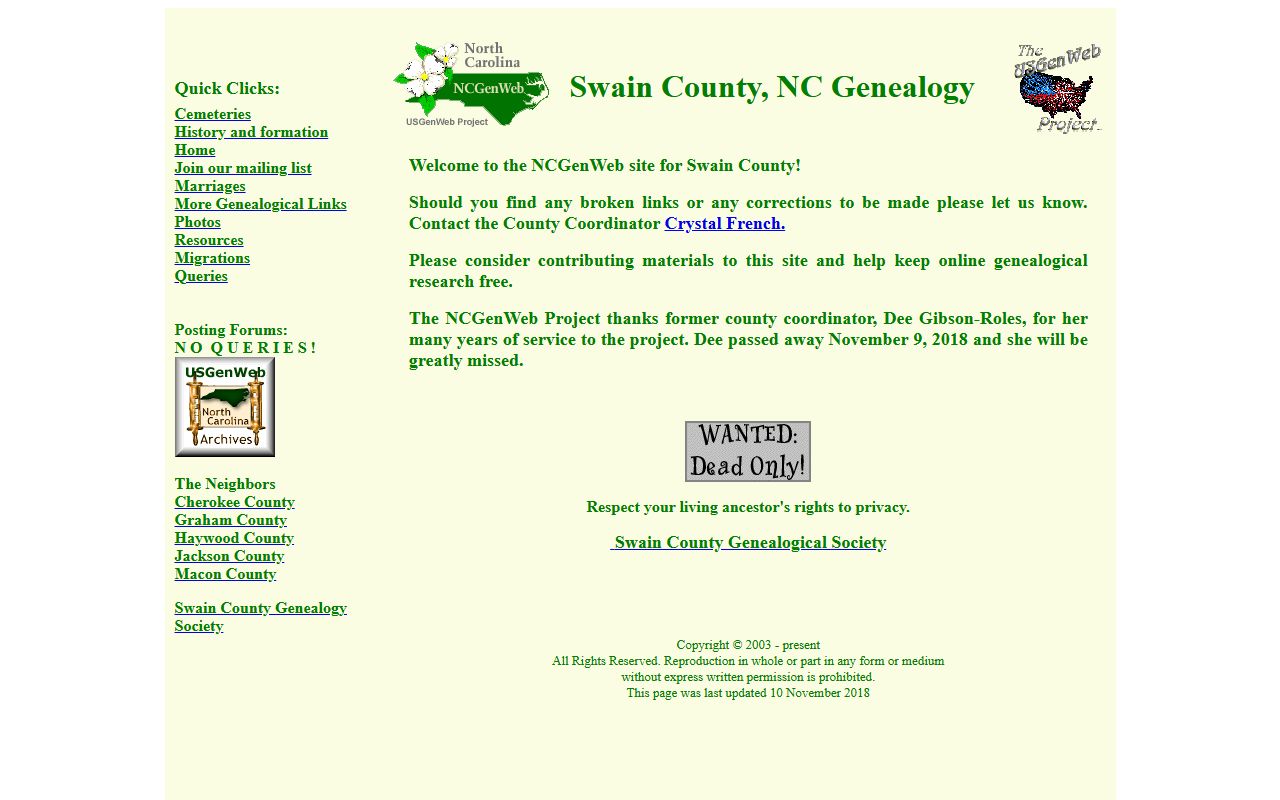 Swain County NCGenWeb genealogy research page