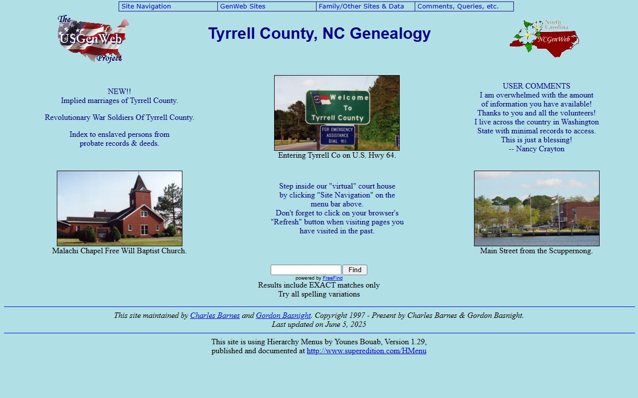 Tyrrell County NCGenWeb genealogy research page