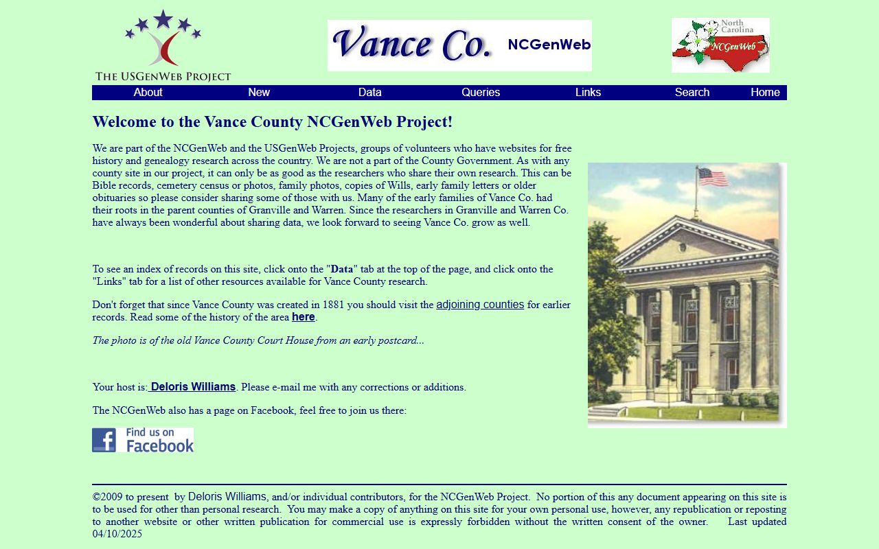 NCGenWeb Vance County genealogy resources page