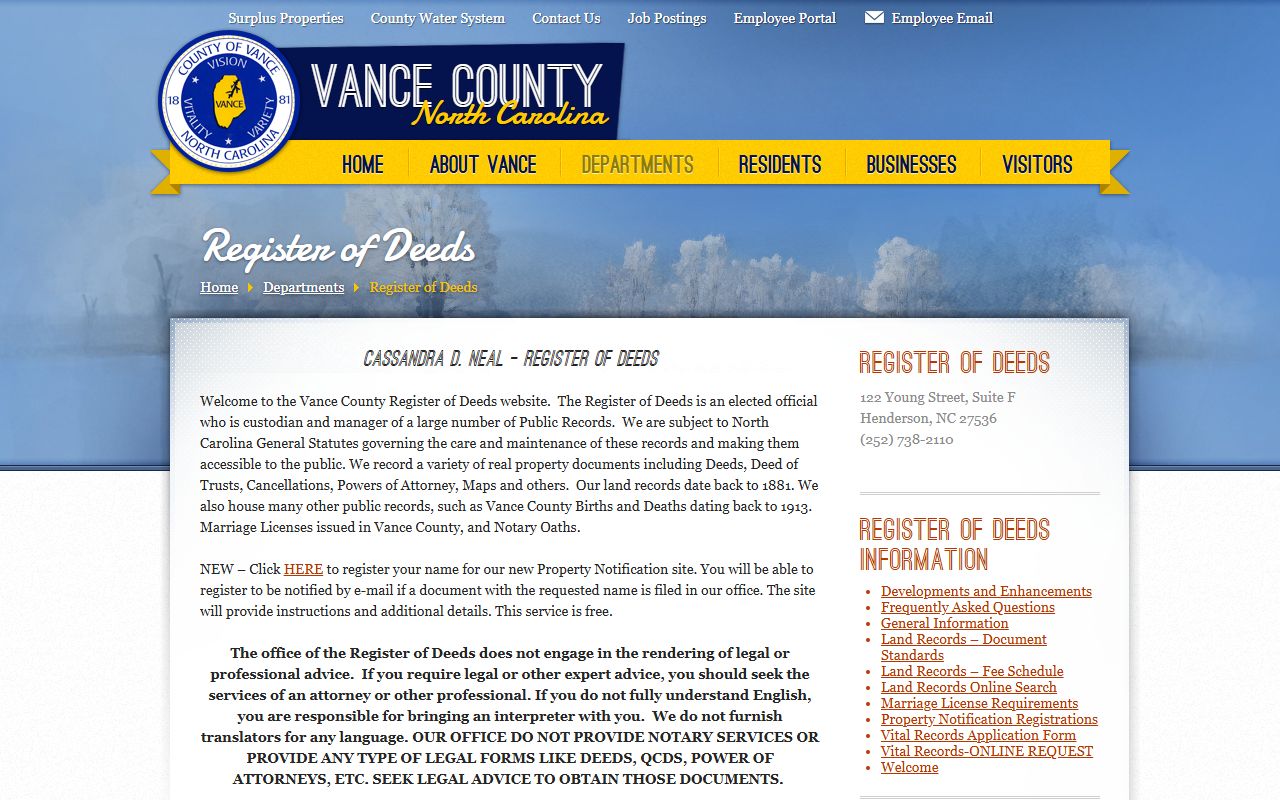Vance County Register of Deeds office for genealogy records in Henderson