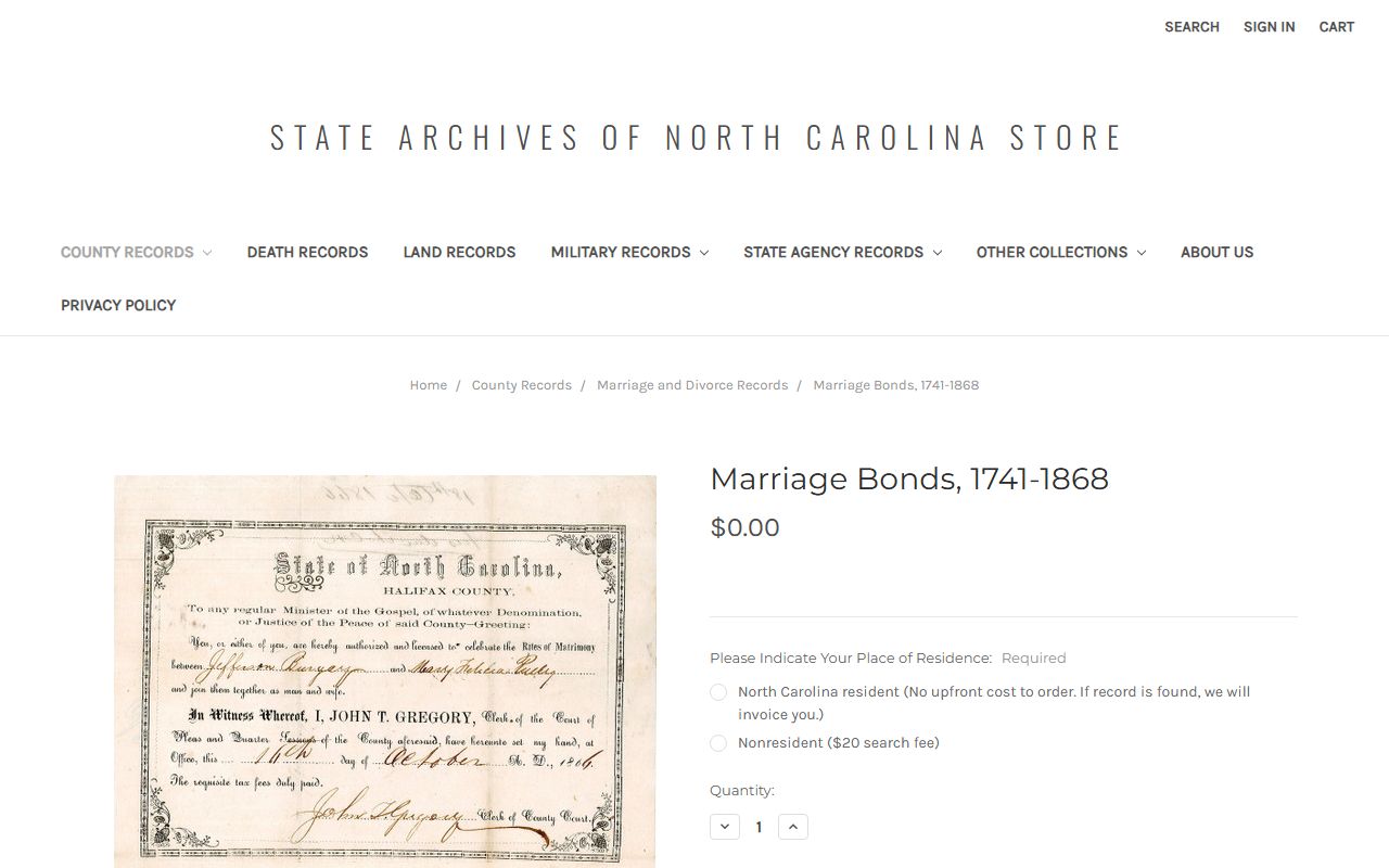 North Carolina Archives Store marriage bonds for genealogy