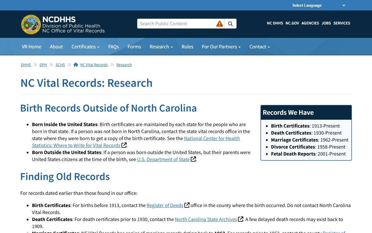 North Carolina vital records research page for genealogy