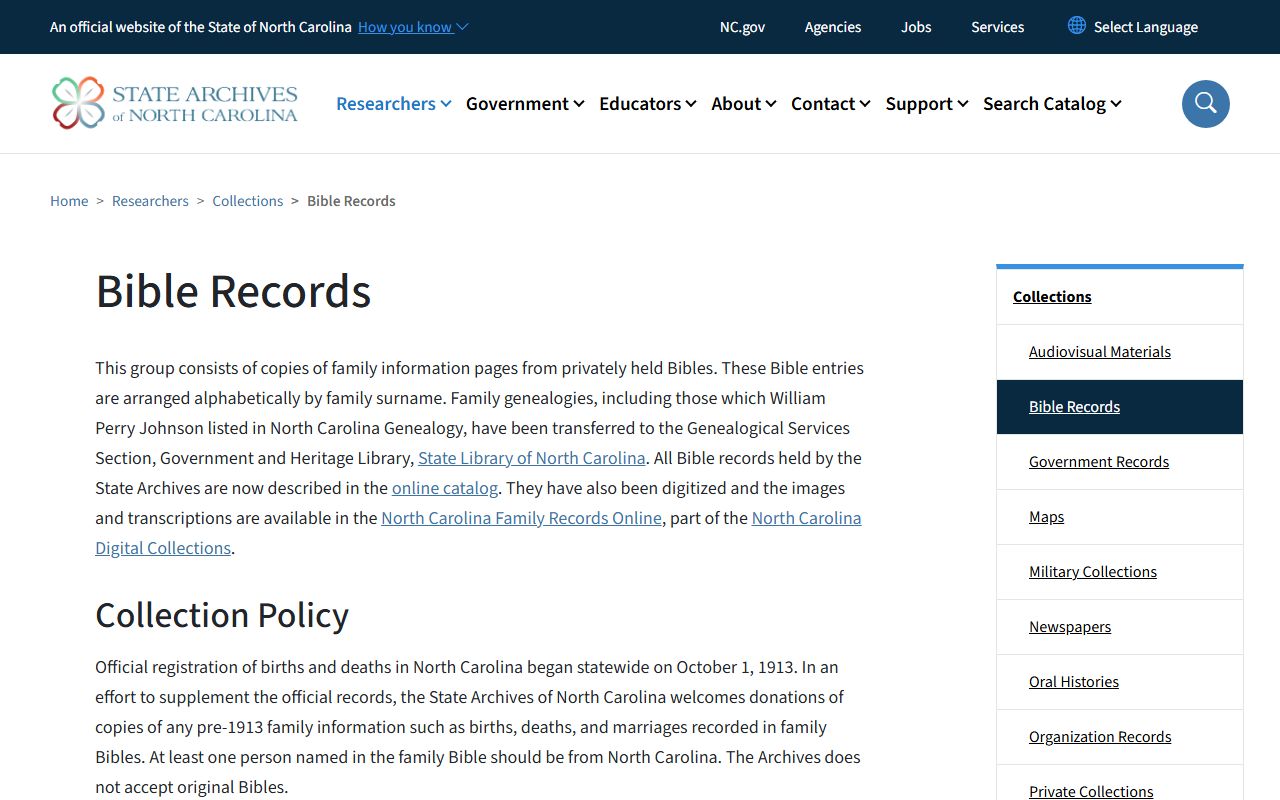 North Carolina State Archives Bible records collection for genealogy