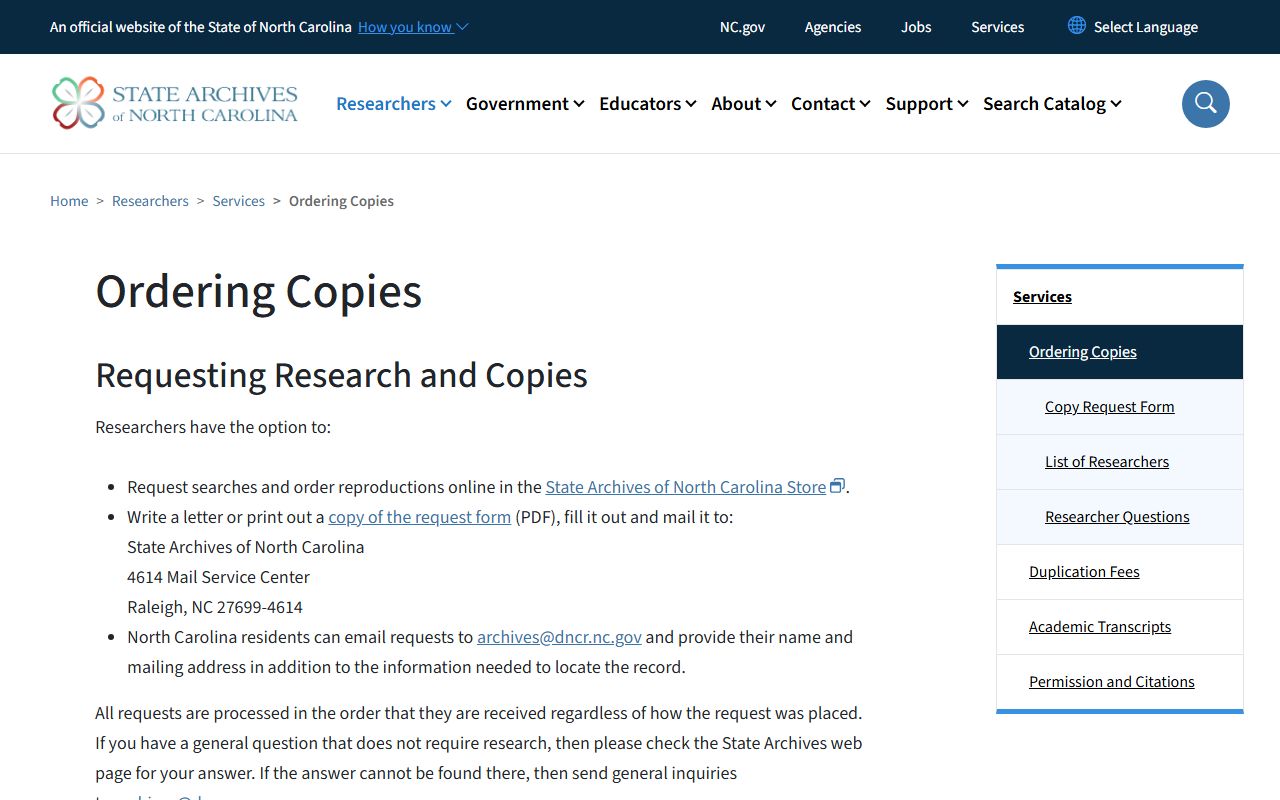 North Carolina State Archives ordering copies for genealogy research