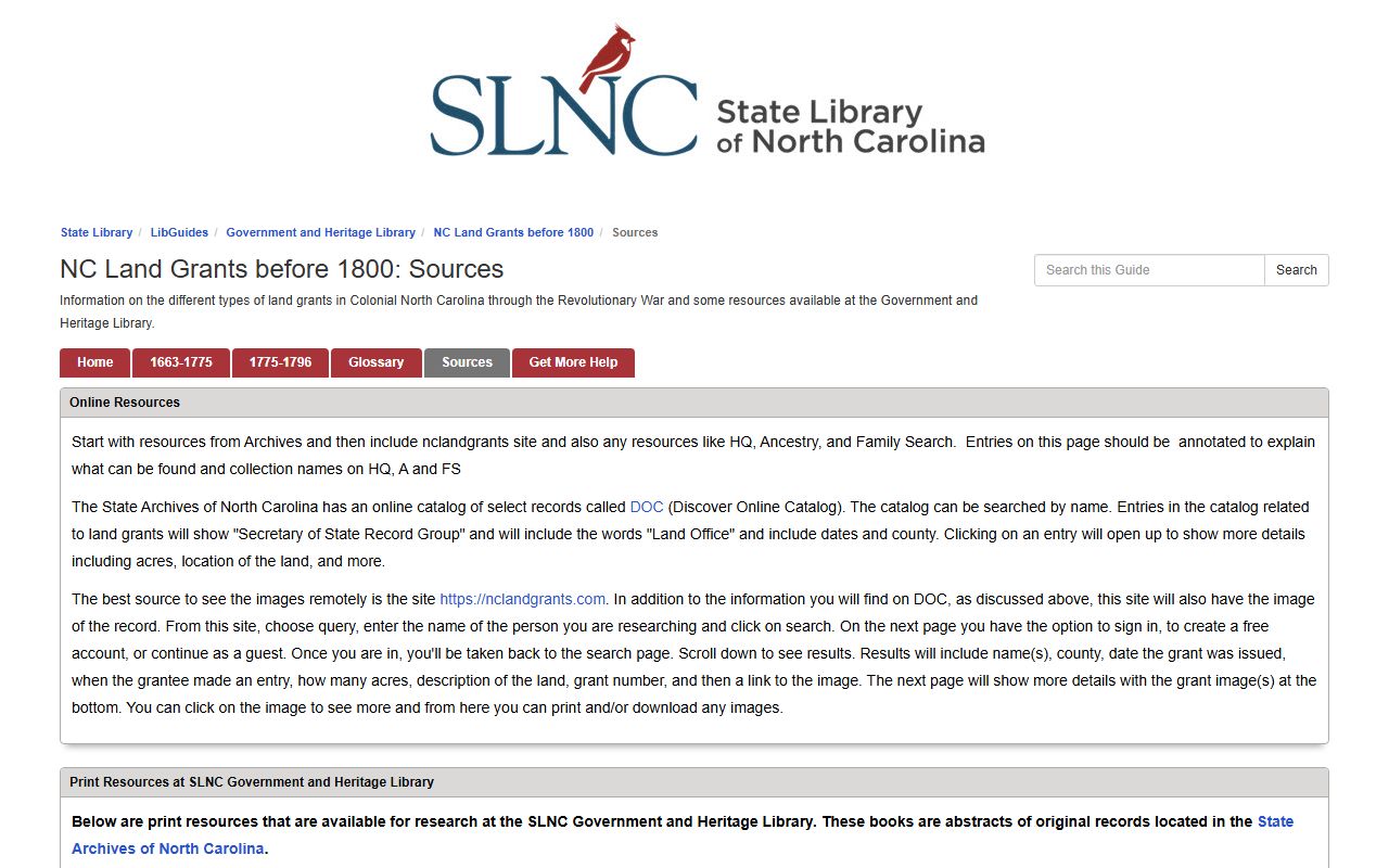 North Carolina State Library land records genealogy sources