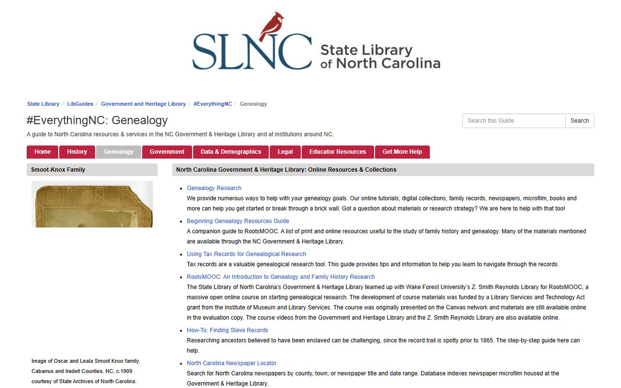 North Carolina State Library genealogy research page