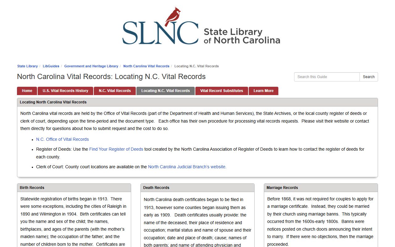 North Carolina State Library vital records guide for genealogy
